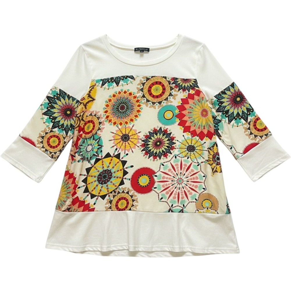 Classic Fashion Womens XXL Boho Mandala Print Bell Sleeve Peplum Top White Multi